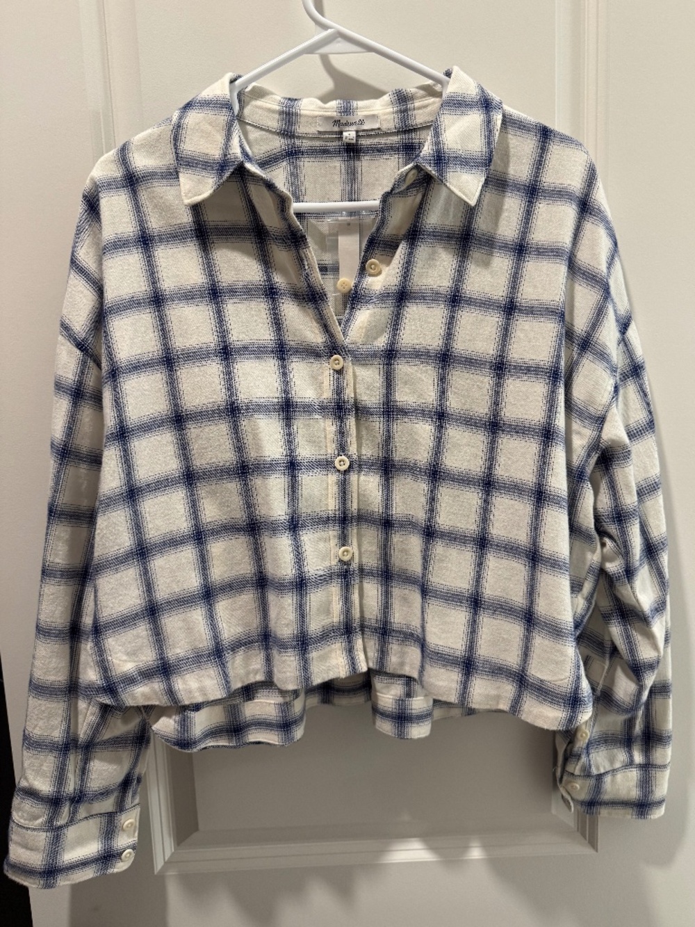 Madewell Blue Plaid Cropped Flannel Sz M NWT
